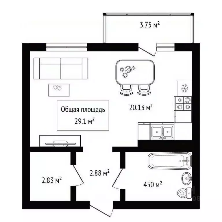 Студия Новосибирская область, Новосибирск Закаменский мкр, 12 (31.0 м) - Фото 2