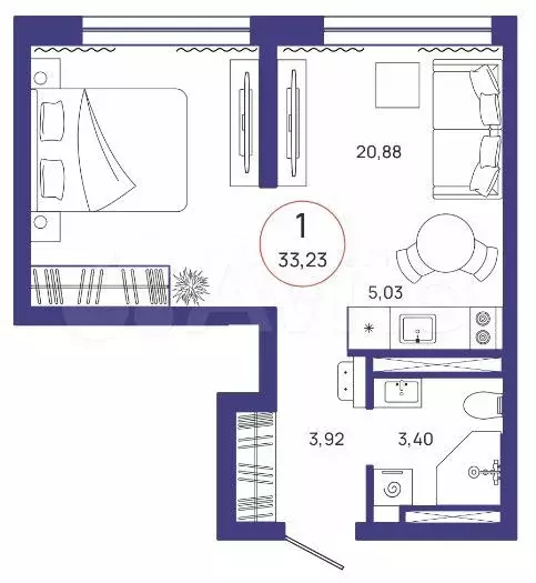 1-к. квартира, 33,2 м, 12/17 эт. - Фото 1