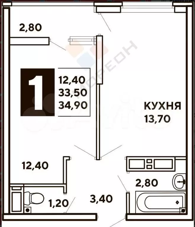 1-к. квартира, 33,5 м, 12/16 эт. - Фото 0