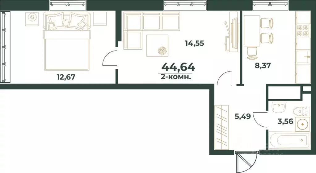2-к кв. Башкортостан, Уфа ул. Ивана Спатара, 14 (44.64 м) - Фото 1