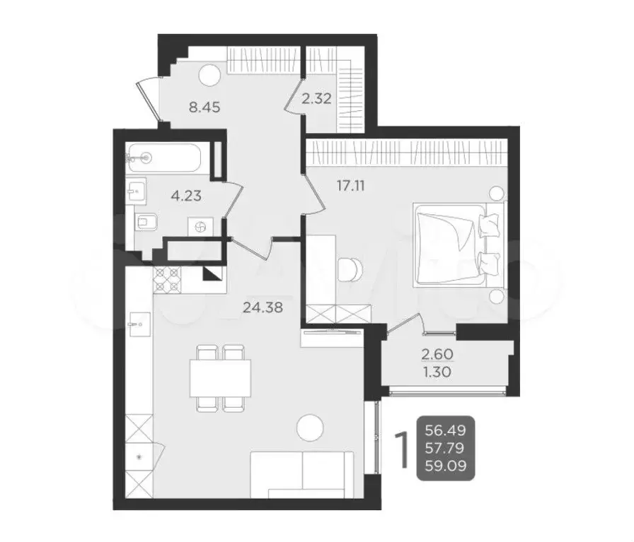 1-к. квартира, 57,9 м, 7/9 эт. - Фото 1