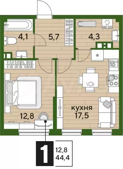 1-к. квартира, 44,4 м, 3/16 эт. - Фото 0