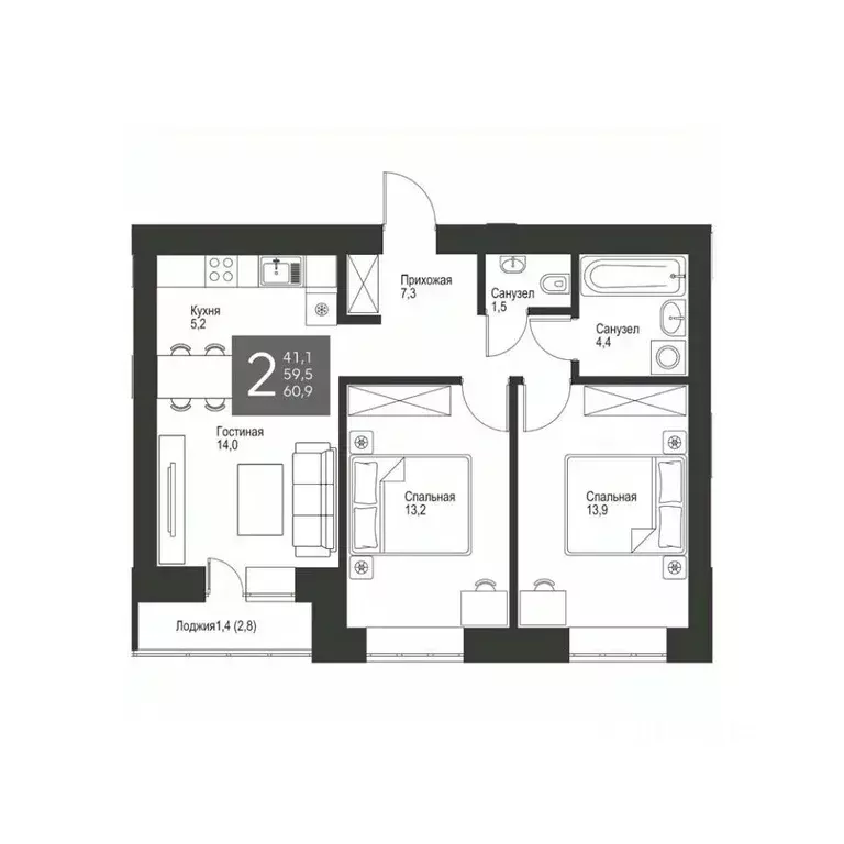 2-к кв. Татарстан, Альметьевск ул. Гафиатуллина, 60 (60.9 м) - Фото 0