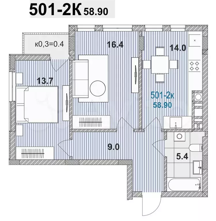 2-к. квартира, 58,9 м, 2/6 эт. - Фото 1