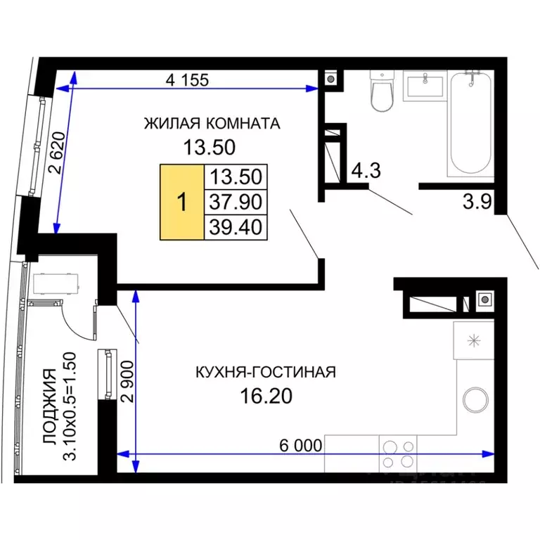 1-к кв. Краснодарский край, Краснодар Фонтаны жилой комплекс (39.4 м) - Фото 1