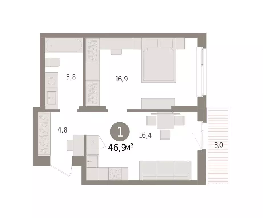 1-комнатная квартира: Пермь, улица Солдатова (46.94 м) - Фото 2