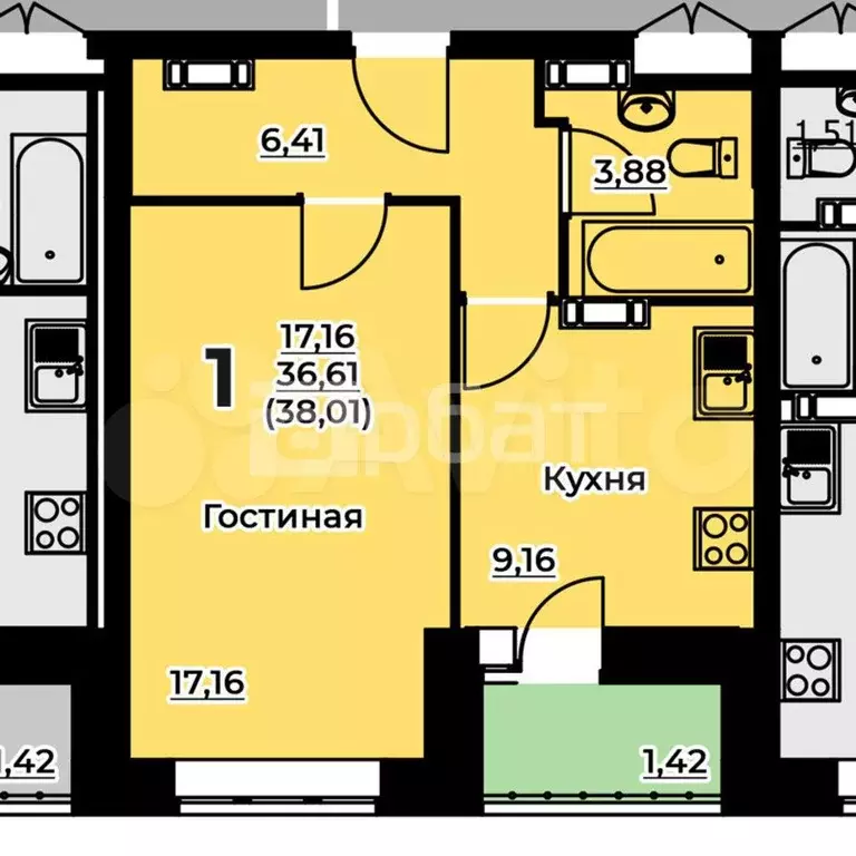 1-к. квартира, 38 м, 2/11 эт. - Фото 0