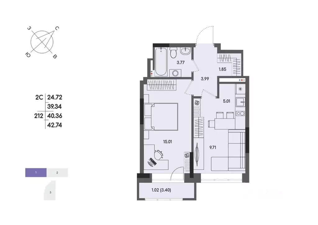 2-к кв. Удмуртия, Ижевск ул. Джамбула, 83 (40.36 м) - Фото 1