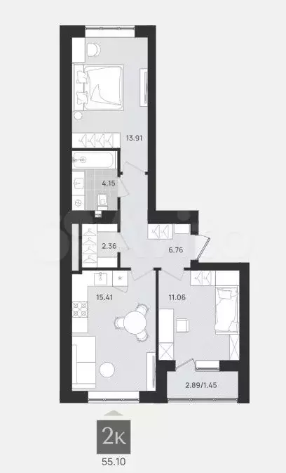 2-к. квартира, 55,1 м, 4/9 эт. - Фото 1