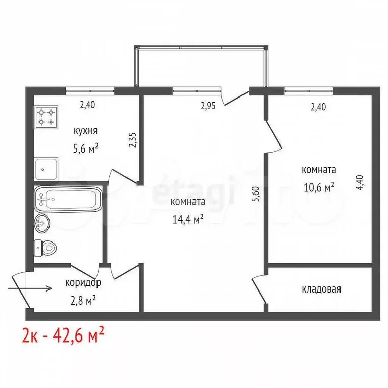 2-к. квартира, 42,6 м, 2/3 эт. - Фото 1