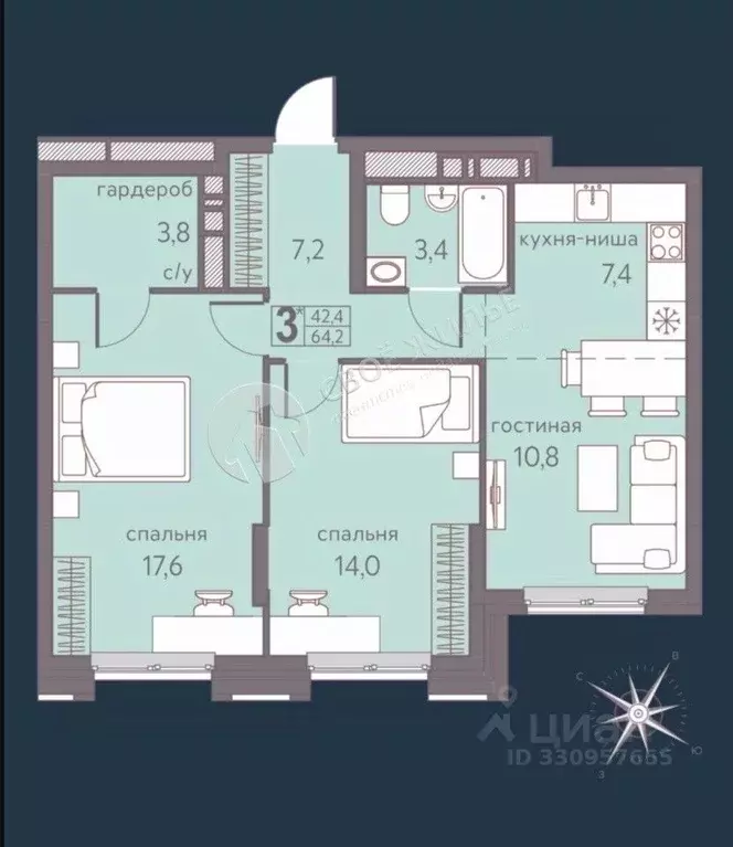 2-к кв. Пермский край, Пермь ул. Серебристая, 5 (64.2 м) - Фото 1