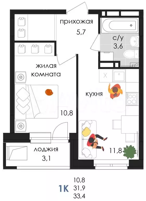 1-к. квартира, 33,4 м, 9/9 эт. - Фото 0