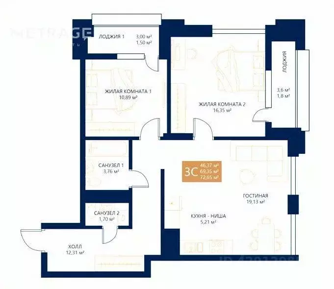 Квартира, 3 комнаты, 69.09 м - Фото 0