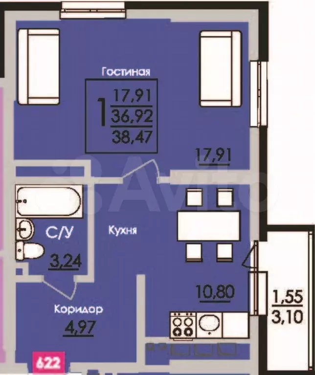 1-к. квартира, 38,5 м, 20/21 эт. - Фото 0