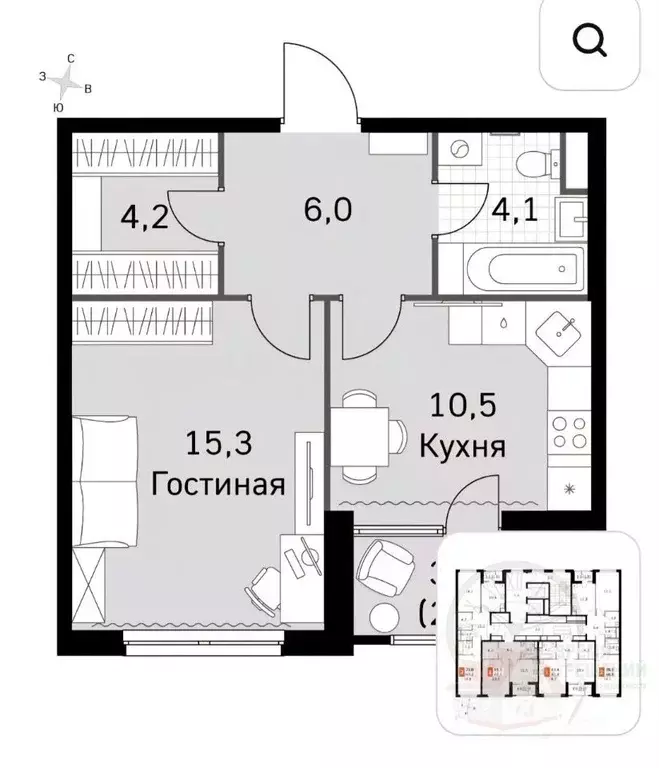 1-к кв. Москва Строительный проезд, 9к1 (42.6 м) - Фото 1