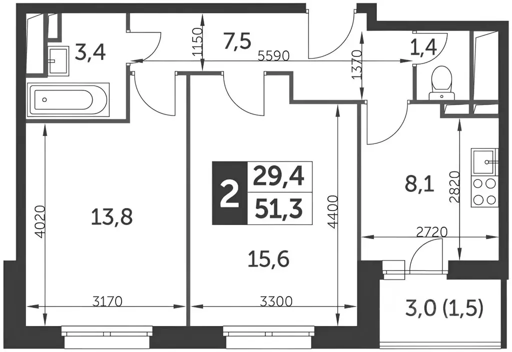 2-к кв. Москва ул. Красная Сосна, 3 (53.0 м) - Фото 1