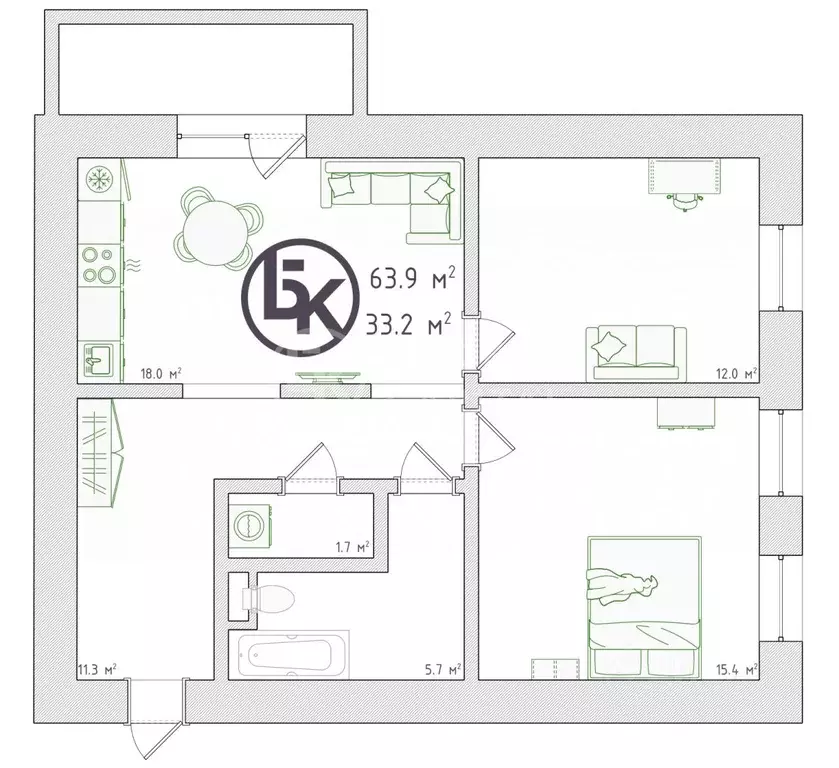 2-к кв. Новосибирская область, Новосибирск ул. Кирова, 242 (65.0 м) - Фото 1