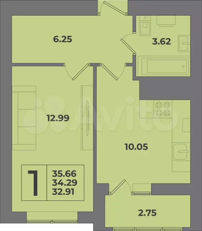 1-к. квартира, 35,7 м, 1/8 эт. - Фото 1