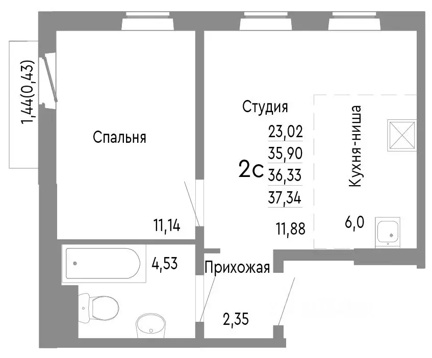 2-к кв. Челябинская область, Челябинск Нефтебазовая ул., 1к2 (36.33 м) - Фото 0