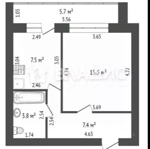 1-к. квартира, 34,5 м, 3/5 эт. - Фото 0
