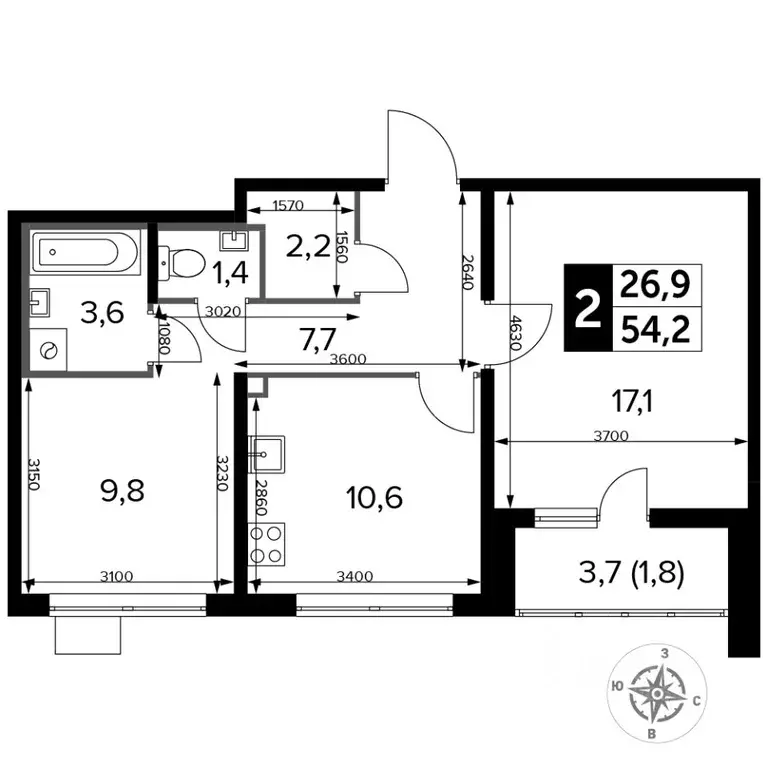 2-к кв. Московская область, Люберцы ул. Рождественская, 12 (54.2 м) - Фото 0