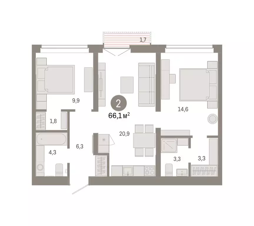 3-комнатная квартира: Тюмень, улица Республики, 205к2 (66.1 м) - Фото 1