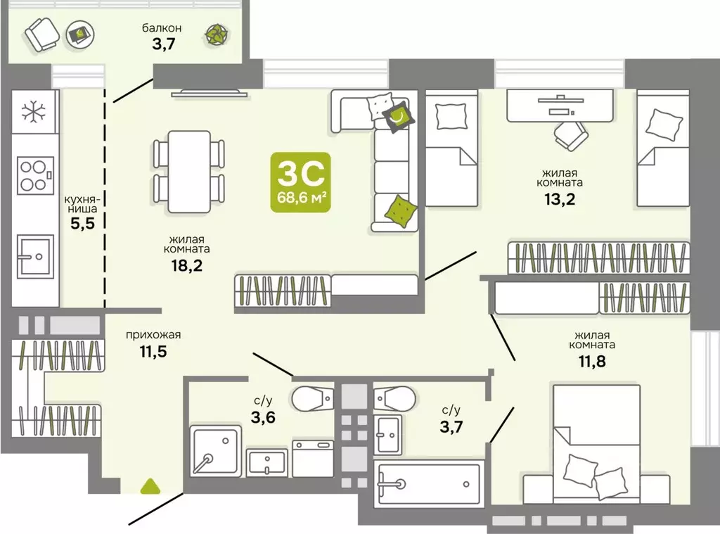 3-к кв. Новосибирская область, Новосибирск ул. Костычева, 17 (68.6 м) - Фото 0