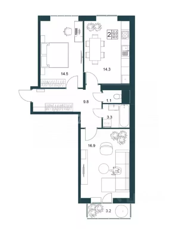 2-к кв. Липецкая область, Липецк Минская ул., 6Б (60.9 м) - Фото 2