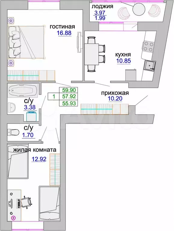 2-к. квартира, 58,2 м, 1/9 эт. - Фото 1