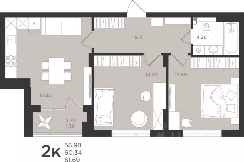 2-к кв. Калининградская область, Светлогорск  (60.34 м) - Фото 1