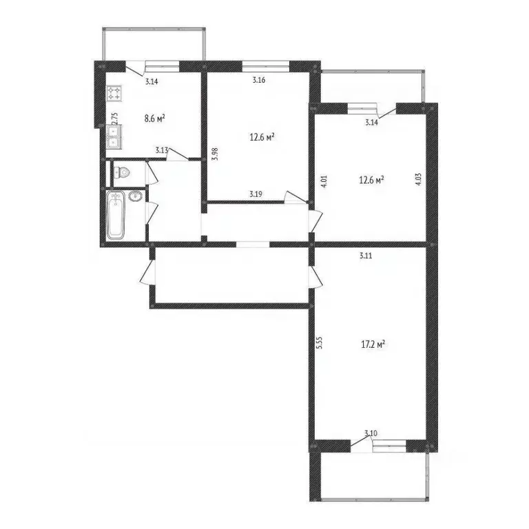 3-к кв. Белгородская область, Белгород ул. Есенина, 48 (68.5 м) - Фото 2