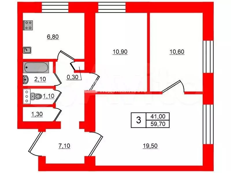 3-к. квартира, 59,7 м, 1/9 эт. - Фото 0