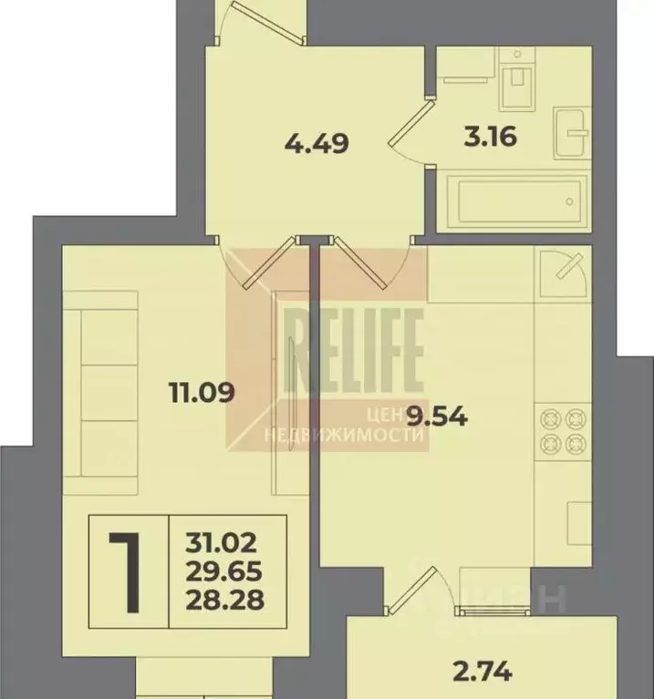 1-к кв. Калининградская область, Калининград ул. Понартская, 6 (31.0 ... - Фото 2