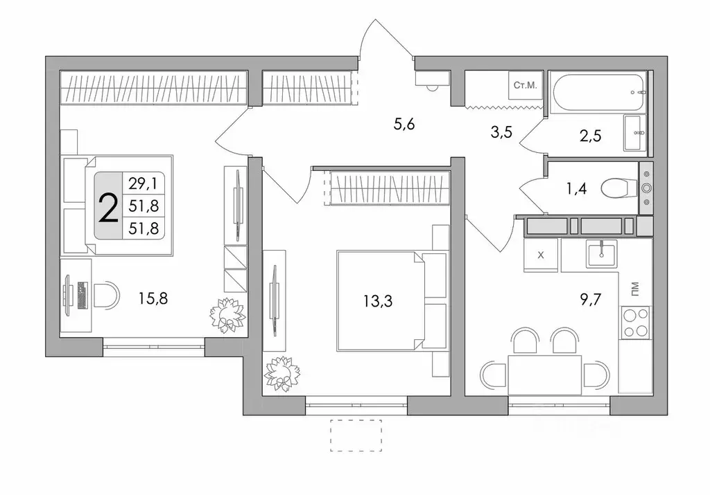 2-к кв. Воронежская область, Воронеж ул. Шишкова, 140Б/16 (51.8 м) - Фото 0