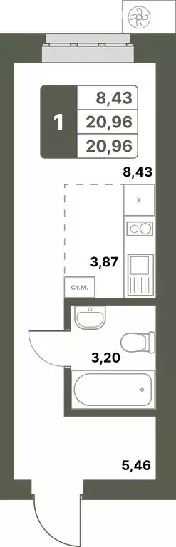 1-комнатная квартира: Уфимский район, село Миловка (20.96 м) - Фото 0