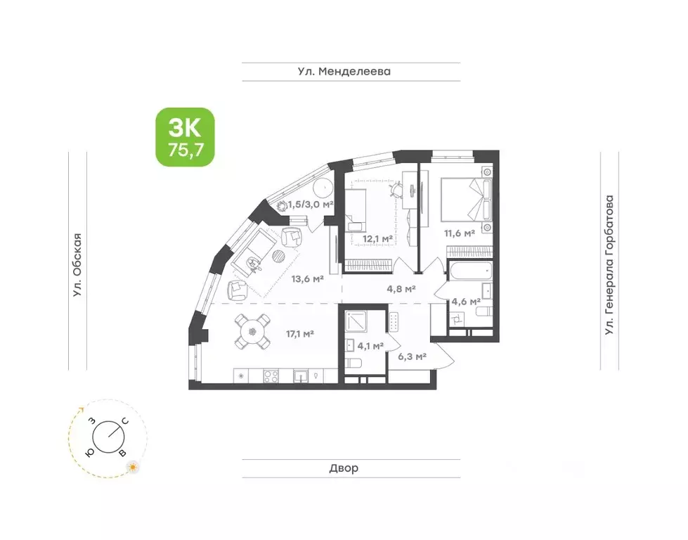 3-к кв. Башкортостан, Уфа Зеленая Роща жилрайон, Конди-Нова жилой ... - Фото 1