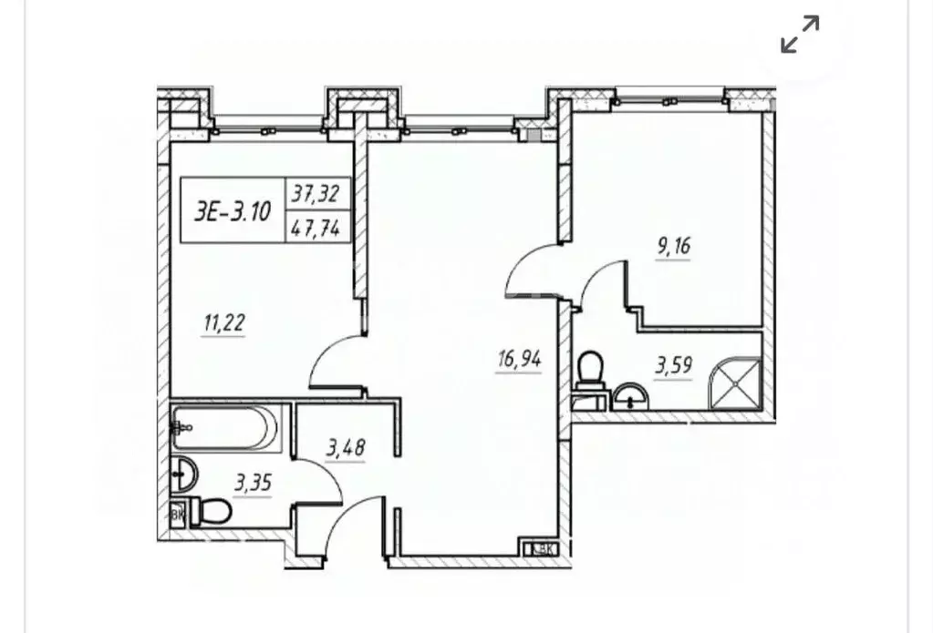 Квартира, 2 комнаты, 47.7 м - Фото 2