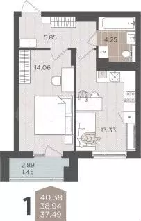 1-к. квартира, 39,1 м, 6/9 эт. - Фото 1