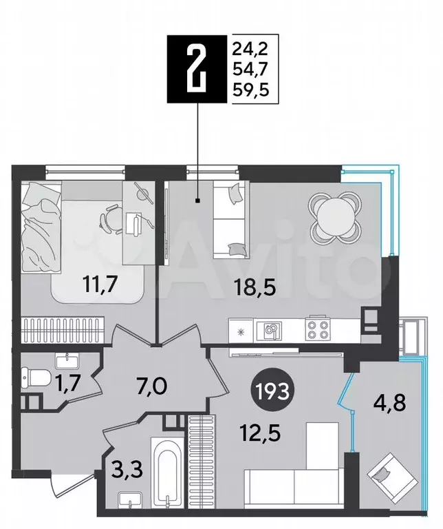 2-к. квартира, 59,5 м, 6/9 эт. - Фото 1