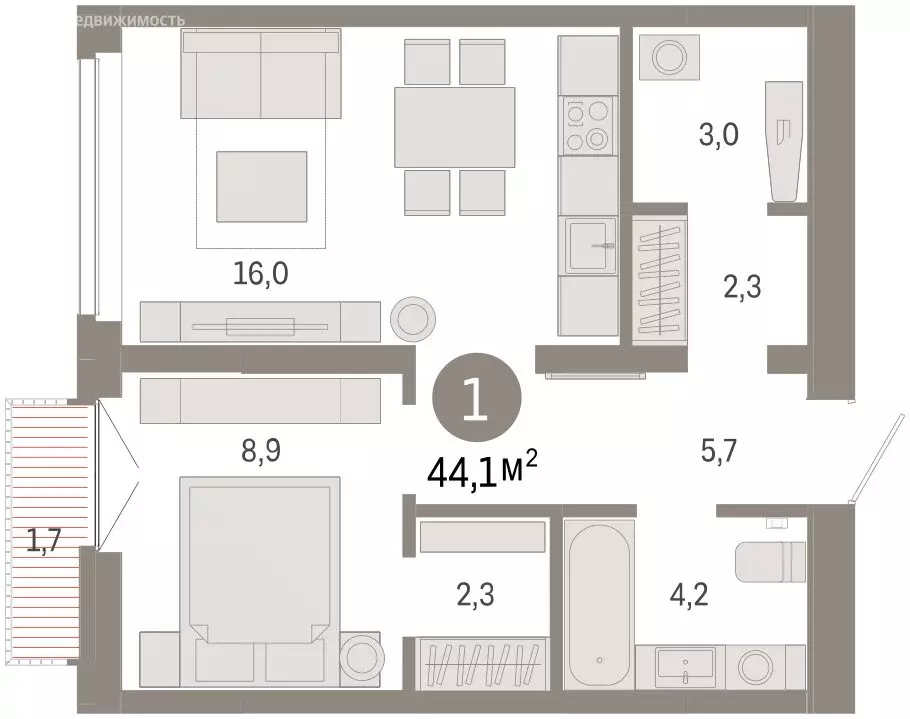 2-комнатная квартира: Тюмень, улица Республики, 205к2 (44.1 м) - Фото 2