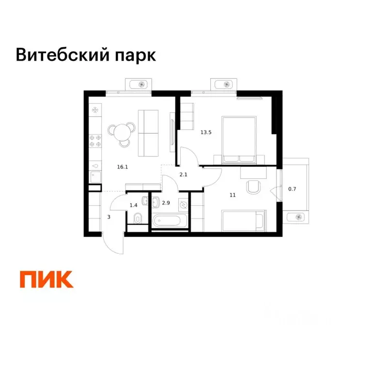2-к кв. Санкт-Петербург Витебский Парк жилой комплекс (50.7 м) - Фото 1