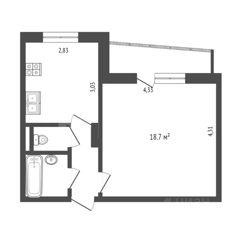 1-к кв. Тюменская область, Тюмень Амурская ул., 152 (34.0 м) - Фото 1