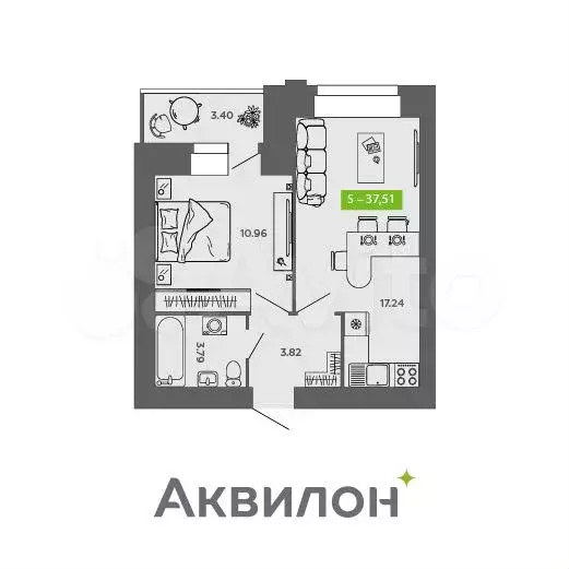 1-к. квартира, 37,5м, 5/9эт. - Фото 0