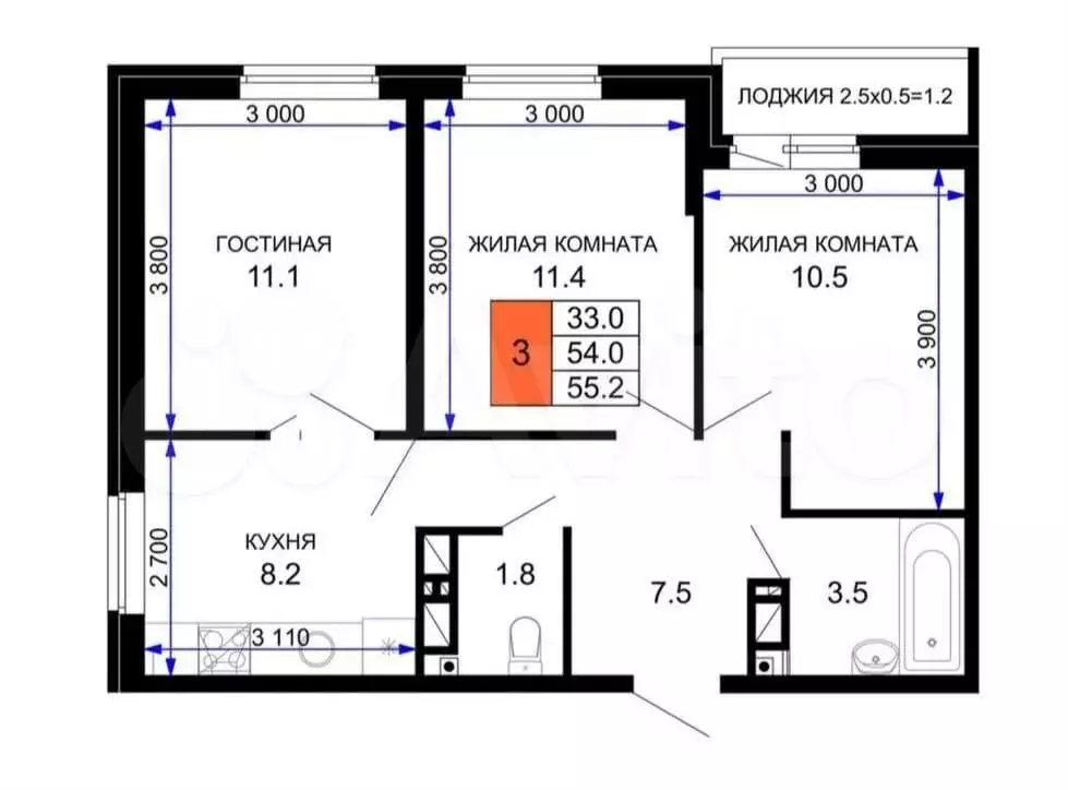 3-к. квартира, 57 м, 4/8 эт. - Фото 0