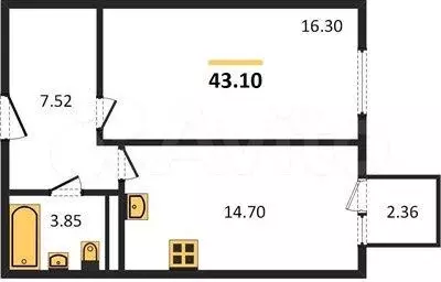 1-к. квартира, 43,1 м, 4/6 эт. - Фото 1