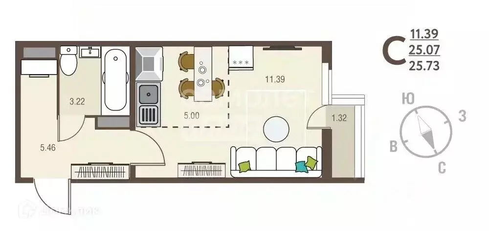 Студия Курская область, Курск ул. Энгельса, 115/5 (26.0 м) - Фото 2