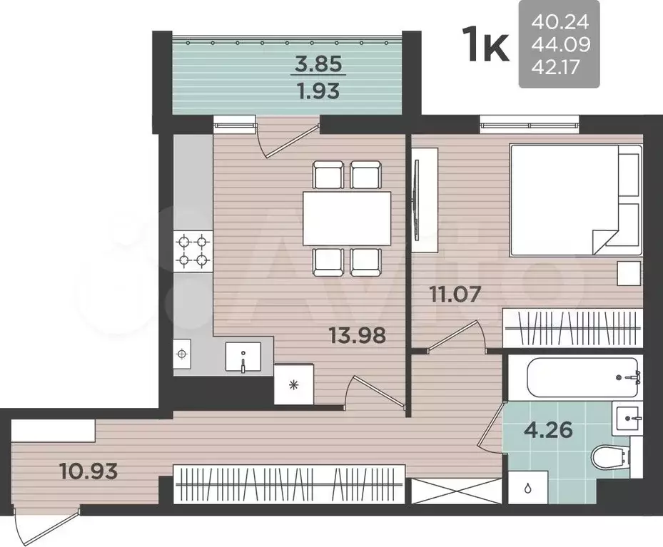 1-к. квартира, 44,1 м, 3/5 эт. - Фото 0