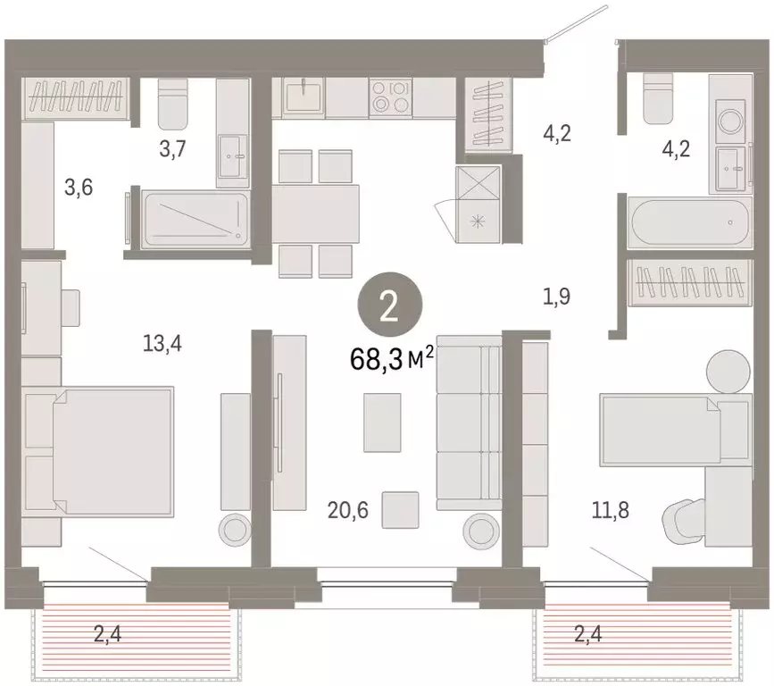 2-комнатная квартира: Тюмень, Мысовская улица, 26к2 (68.26 м) - Фото 1
