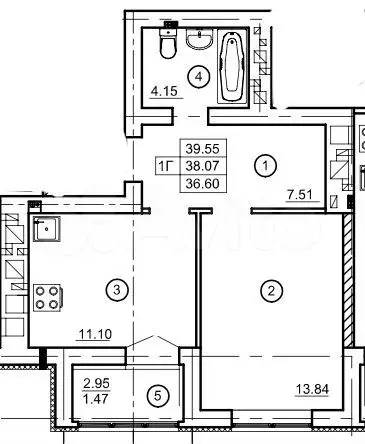 1-к. квартира, 38 м, 6/9 эт. - Фото 1