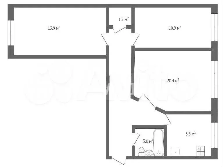 3-к. квартира, 58,7 м, 1/5 эт. - Фото 0